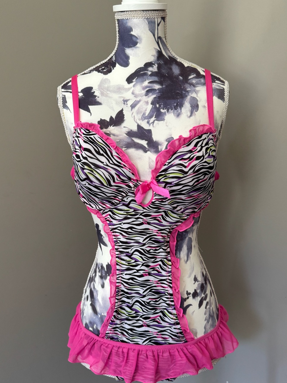 Y2K Always A Flirt Hot Pink Zebra Print Lingerie Ruffle Bodysuit